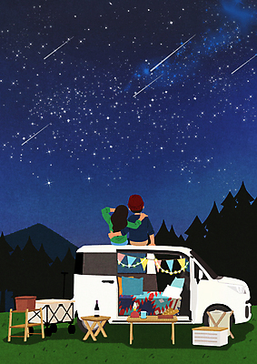 전신 PSD 여자 남자 별 일러스트 밤하늘 어깨동무 캠핑도구 상반신 성인 두명 손들기 캠핑 유성 남색 감성 캠핑카 가랜드 알전구 야외의자 야외테이블 성인만 차박 국내일러스트 자연요소 컬러 포즈 컨셉 의자 전구 모션 자동차 탁자 하늘 레저 사람 도구 야간 파티용품 파일형식