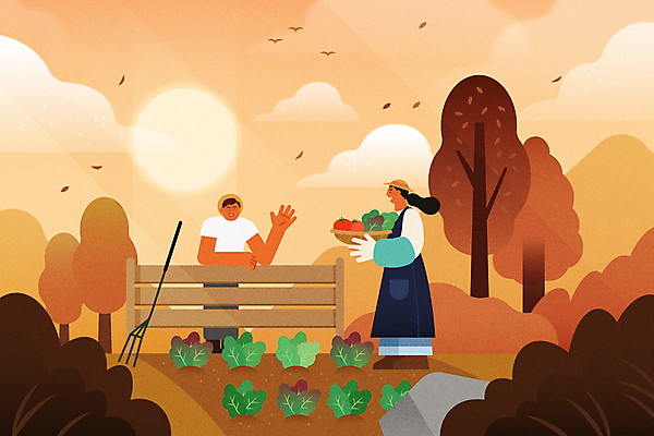 전신 나무 구름 모자 여자 남자 낙엽 일러스트 자연 산 들기 성인 두명 농작물 울타리 태양 손들기 바구니 노을 가을풍경 주황색 앞치마 수확 가을 농부 손인사 갈퀴 텃밭 성인만 모션그래픽소스 국내일러스트 AI파일 자연요소 식물 직업 잡화 계절 컬러 잎 밭 농업 모션 사람 풍경 담장 인사 생태계 파일형식 벡터 가을_계절