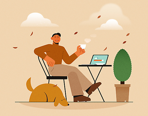 전신 한마리 남자 화분 커피 낙엽 의자 일러스트 한명 들기 앉기 성인 노트북 카페 강아지 커피잔 감성 베이지색 성인남자한명만 모션그래픽소스 국내일러스트 AI파일 1 음료 컬러 가구 컨셉 잎 모션 잔 사람 전자제품 반려동물 상점 개 남자한명만 성인남자만 파일형식 벡터