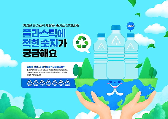 PSD 편집이미지 손 지구 하늘색 말풍선 잎 안내 설명 들기 타이포그라피 신체부위 숫자 재활용 에코 친환경 분리수거 페트병 재활용품 플라스틱병 재활용표시 이미지편집 식물 문자 모션 표시 사람 파란색 환경 플라스틱 병_담는 파일형식
