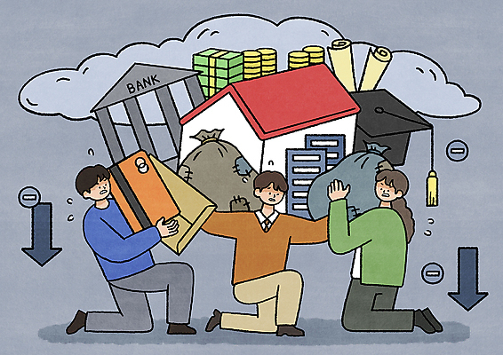 전신 PSD 여자 남자 지폐 돈 일러스트 학사모 봉투 주택 들기 앉기 성인 건물 세명 동전 회색 신용카드 하이픈 사회이슈 괴로움 은행 자루 대출 빚 학비 힘듦 성인만 버티다 국내일러스트 모자_잡화 건축물 기호 감정 컬러 컨셉 졸업 모션 사람 금융 경제 재산 파일형식 비용