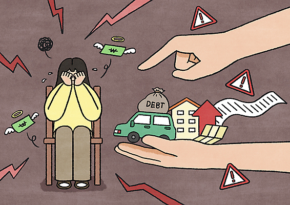 PSD 손 여자 지폐 의자 일러스트 자동차 주택 경고 한명 들기 앉기 성인 신체부위 갈색 가리킴 느낌표 울음 사회이슈 괴로움 통장 영수증 얼굴가리기 빚 힘듦 성인여자한명만 국내일러스트 1 기호 감정 육상교통 컬러 가구 컨셉 돈 모션 표정 사람 손짓 건물 금융 경제 가림 여자한명만 성인여자만 파일형식