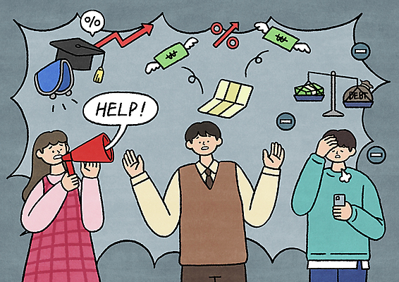 PSD 여자 남자 말풍선 지폐 돈 일러스트 학사모 들기 상반신 성인 세명 스마트폰 손들기 확성기 외침 회색 퍼센트 지갑 한숨 사회이슈 통장 상승 자루 양팔저울 대출 금리 빚 학비 헬프 힘듦 성인만 비어있는 국내일러스트 모자_잡화 컬러 컨셉 졸업 모션 저울 사람 금융 경제 핸드폰 스마트기기 소리 도움 특수기호 재산 파일형식 비용