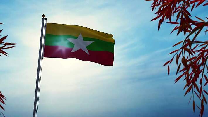 나무 배너 실루엣 물결 파도 백그라운드 하늘 바람 사람없음 그래픽 햇빛 태양 흐름 자유 깃발 불기 군용 만들기 지역 깃대 봉 애니메이션 동영상 애국심 명예 미얀마 버마 전국 정부 통일 4K MOV 해외동영상 클립영상 자연요소 식물 아시아 바다 컨셉 모션 날씨 군대 촬영기법 파일형식