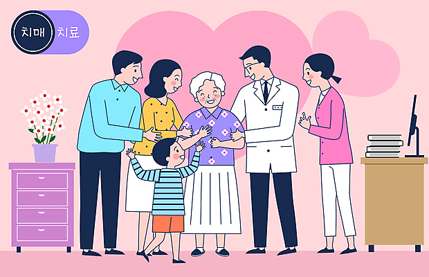 전신 여자 노년 남자 꽃 행복 할머니 어린이 분홍색 일러스트 가족 함께함 사랑 서기 웃음 소년 여러명 성인 치료 모니터 꽃병 화목 다정 만세 간호사 의사 하트 책상 서랍장 치매 국내일러스트 AI파일 모양 식물 감정 컬러 가구 다수 컨셉 의학 관계 모션 표정 사람 컴퓨터 의료진 질병 파일형식 벡터