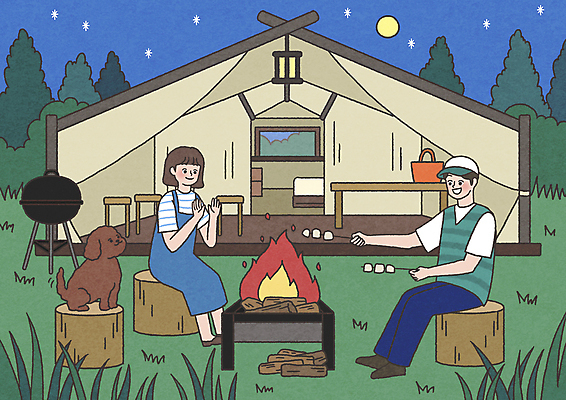 전신 PSD 한마리 여자 남자 반려견 여유 일러스트 밤하늘 숙소 휴식 들기 앉기 성인 두명 반려동물 보름달 시골 강아지 야간 모닥불 굽기 나무기둥 전원생활 마시멜로우 바베큐그릴 산촌 성인만 국내일러스트 자연요소 동물 1 감정 컨셉 모션 하늘 불 디저트 사람 생활 달 개 그릴 바비큐 구이 파일형식