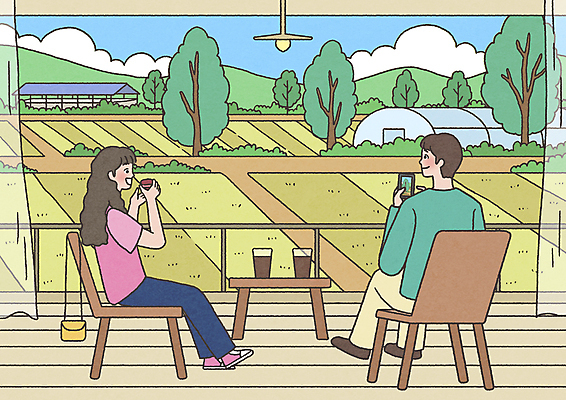 전신 PSD 나무 구름 부부 응시 여자 남자 여유 커피 의자 일러스트 탁자 하늘 티타임 휴식 들기 앉기 성인 두명 스마트폰 카페 농촌 시골 커튼 힐링 비닐하우스 전원생활 논밭 성인만 국내일러스트 자연요소 식물 커플 시선 감정 음료 가구 컨셉 밭 농업 모션 논 사람 생활 핸드폰 스마트기기 상점 파일형식