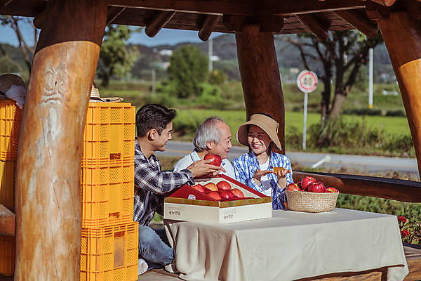 포토 JPG 주간 전신 여자 노년 남자 탁자 미소 웃음 들기 앉기 상반신 20대 성인 야외 옆모습 세명 농작물 판매 바구니 한국인 농촌 시골 가리킴 사과 농부 정자 방송 70대 전원생활 사과상자 1인미디어 스트리밍 숍스트리밍 라이브커머스 국내포토 여주시 자연요소 직업 건축물 뷰포인트 가구 농업 과일 모션 표정 사람 동양인 손짓 청년 생활 쇼핑 상자 모바일쇼핑 경기도 파일형식
