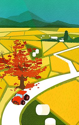 단풍 일러스트 단풍나무 산 사람없음 초록색 노란색 가을풍경 추수 경운기 논밭 곤포사일리지 국내일러스트 AI파일 나무 컬러 잎 밭 농업 논 풍경 농기계 파일형식 벡터 가을_계절