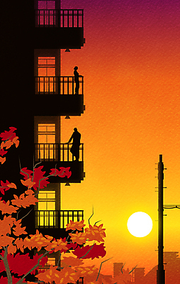 나무 실루엣 단풍 일러스트 아파트 사람모양 사람없음 건물 태양 노을 가을풍경 주황색 발코니 도시 전봇대 국내일러스트 AI파일 자연요소 모양 식물 건축물 공공시설 컬러 잎 주택 촬영기법 풍경 파일형식 벡터 가을_계절