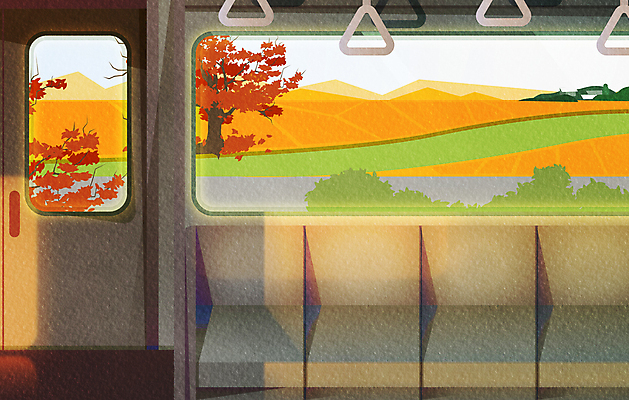 단풍 의자 일러스트 창문 단풍나무 논 손잡이 사람없음 빛 가을풍경 전철 역광 창밖 국내일러스트 AI파일 나무 육상교통 가구 잎 농업 대중교통 풍경 파일형식 벡터 가을_계절