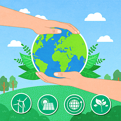 나무 구름 손 화살표 지구 하늘색 잎 일러스트 자연 들기 손짓 신체부위 초록색 태양 새싹 자연보호 환경 풍력에너지 집열판 국내일러스트 AI파일 자연요소 식물 컬러 모션 사람 파란색 그린에너지 보호 생태계 태양에너지 파일형식 벡터