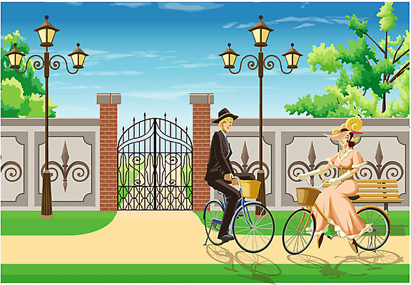 EPS 주간 나무 모자 커플 드레스 공공시설 여자 남자 길 벽 장갑 백그라운드 가로등 벤치 일러스트 하늘 사람 정장 초원 야외 두명 문 자전거 철문 국내일러스트 자연요소 식물 잡화 옷 의자 관계 바이크 시설 파일형식 벡터