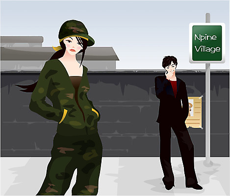 EPS 모델 라이프스타일 여자 패션 남자 일러스트 사람 야외 두명 담장 도시풍경 마을 도시 표지판 국내일러스트 알림판 풍경 생활 파일형식 벡터