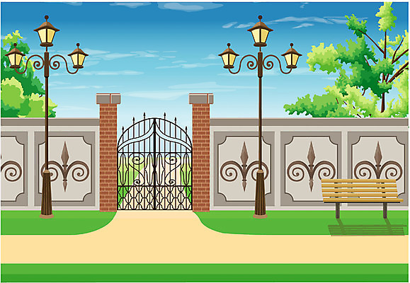 EPS 주간 나무 시설물 공공시설 현대건축 건축 길 벽 백그라운드 가로등 벤치 일러스트 하늘 풍경 사람없음 야외 문 봄 건축부분 철문 국내일러스트 자연요소 식물 건축물 계절 의자 시설 파일형식 벡터