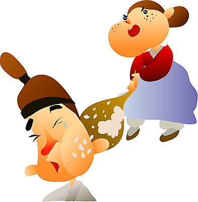 EPS 클립아트 한국문화 한국전통 여자 남자 일러스트 동화 전래동화 사람 성인 두명 고통 펀치 전통의상 한복 심술 눈물 주걱 상투 흥부와놀부 흥부 놀부 놀부마누라 따귀 밥주걱 밥풀 성인만 국내일러스트 동양문화 전통 감정 모션 주방용품 한국 때리기 파일형식 벡터