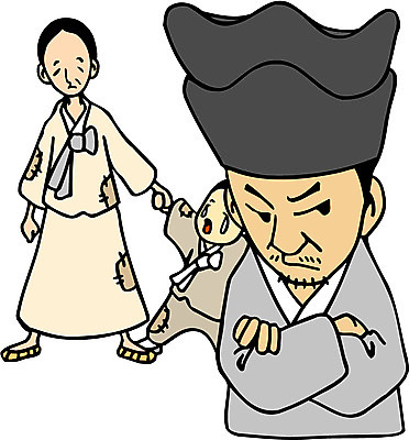 EPS 클립아트 한국문화 한국전통 여자 남자 아들 어린이 일러스트 상상 동화 전래동화 이야기 서기 사람 성인 두명 팔짱 자녀 전통의상 한복 가난 거절 흥부와놀부 흥부놀부 누더기 구걸 놀부 정자관 흥부네 국내일러스트 동양문화 전통 컨셉 가족 모션 한국 흥부 파일형식 벡터