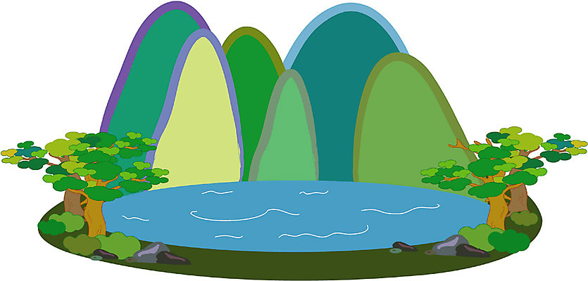 EPS 클립아트 나무 식물 호수 일러스트 자연 산 풍경 사람없음 야외 물 강 돌_바위 바위 연못 국내일러스트 자연요소 생태계 파일형식 벡터