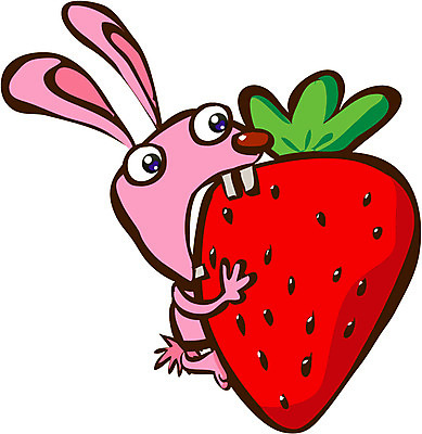 EPS 클립아트 동물 척추동물 캐릭터 한마리 육지동물 음식 동물캐릭터 과일 일러스트 포유류 상상 딸기 애니멀프린트 사람없음 토끼 먹기 토끼캐릭터 일러캐릭터 1 모션 반려동물 파일형식 벡터