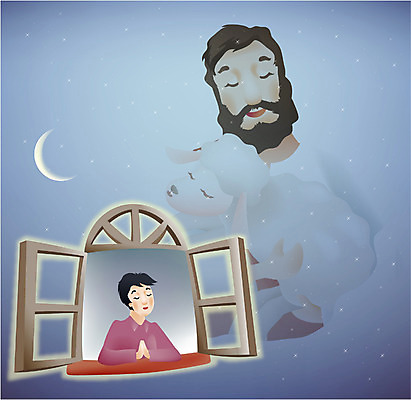 EPS 남자 기독교 종교 일러스트 창문 밤하늘 사람 두명 교회 믿음 달 기도 양 예수 야간 남자만 국내일러스트 자연요소 감정 포유류 종교건축 하늘 건물 신_종교 파일형식 벡터