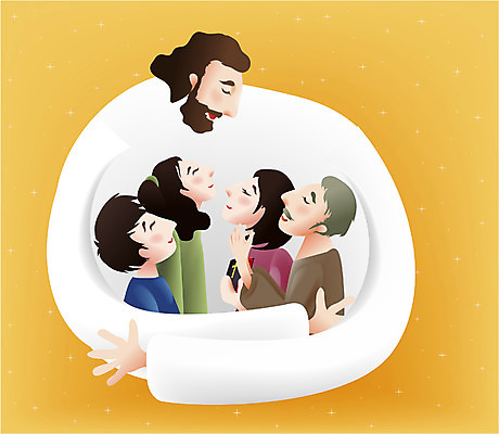 EPS 여자 남자 기독교 종교 어린이 일러스트 포옹 사랑 사람 소녀 소년 여러명 성인 교회 믿음 예수 국내일러스트 감정 다수 종교건축 안기 건물 신_종교 파일형식 벡터