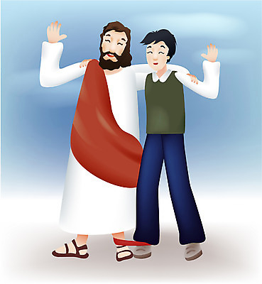 EPS 남자 기독교 종교 일러스트 어깨동무 사람 두명 교회 믿음 예수 남자만 국내일러스트 감정 포즈 종교건축 건물 신_종교 파일형식 벡터