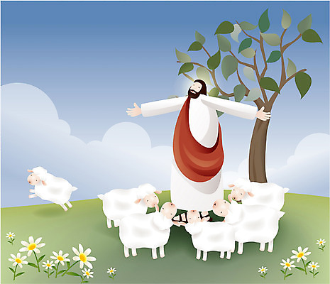 EPS 나무 남자 꽃 기독교 종교 어린이 일러스트 한명 사람 20대 성인 야외 교회 믿음 양 예수 성직자 언덕 남자만 남자한명만 국내일러스트 식물 1 감정 포유류 종교건축 청년 건물 신_종교 파일형식 벡터