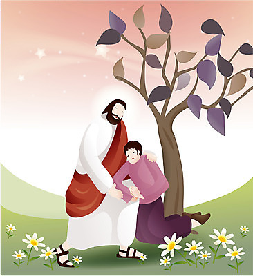 EPS 나무 여자 남자 기독교 종교 일러스트 사람 잔디 야외 두명 교회 믿음 힘 슬픔 예수 언덕 위로 국내일러스트 식물 감정 종교건축 건물 신_종교 파일형식 벡터