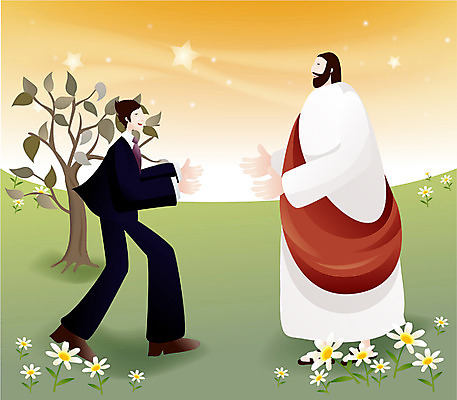 EPS 나무 남자 꽃 기독교 종교 일러스트 사람 잔디 초원 야외 두명 교회 믿음 예수 언덕 남자만 국내일러스트 식물 감정 종교건축 건물 신_종교 파일형식 벡터