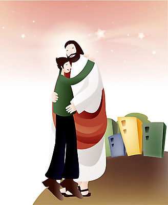 EPS 남자 별 기독교 종교 일러스트 포옹 사랑 사람 야외 두명 건물 교회 믿음 예수 용서 남자만 국내일러스트 자연요소 건축물 감정 컨셉 종교건축 안기 신_종교 파일형식 벡터