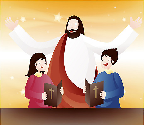 EPS 여자 남자 기독교 종교 어린이 음악 일러스트 사람 소녀 소년 세명 교회 믿음 성경 예수 찬송가 국내일러스트 감정 노래 종교용품 종교건축 문화예술 건물 신_종교 파일형식 벡터