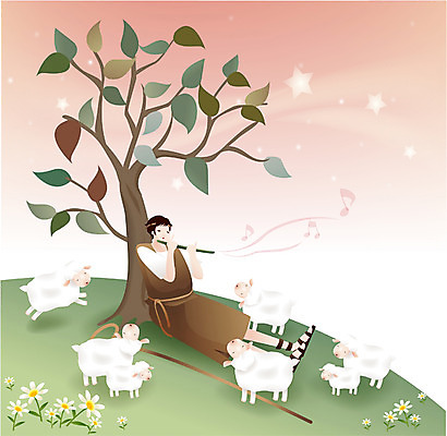 EPS 나무 남자 기독교 종교 새끼 일러스트 사람 잔디 야외 교회 믿음 양 예수 성직자 언덕 피리 남자만 국내일러스트 식물 동물 감정 포유류 종교건축 건물 신_종교 목관악기 파일형식 벡터