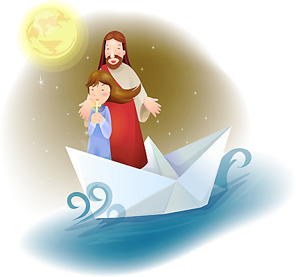 EPS 여자 남자 기독교 종교 길 어린이 파도 바다 일러스트 사람 소녀 성인 야외 두명 교회 보름달 달 기도 예수 하나님 종이배 복음 풍랑 국내일러스트 자연요소 종교건축 건물 신_종교 종이접기 파일형식 벡터