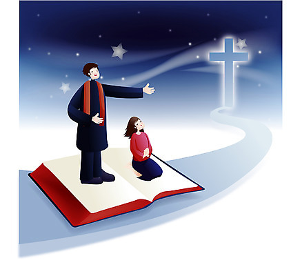 EPS 여자 남자 기독교 종교 십자가 일러스트 사람 성인 두명 교회 믿음 성경 기도 예수 목사 성인만 국내일러스트 감정 종교용품 종교건축 건물 신_종교 성직자 파일형식 벡터