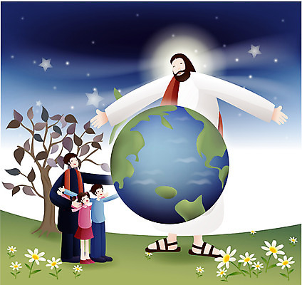 EPS 여자 남자 기독교 종교 지구 어린이 일러스트 사람 소녀 소년 여러명 야외 교회 믿음 예수 목사 국내일러스트 감정 다수 종교건축 건물 신_종교 성직자 파일형식 벡터