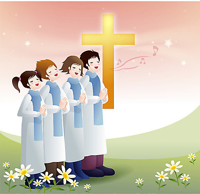 EPS 여자 남자 기독교 종교 십자가 일러스트 청소년 사람 소년 여러명 교회 믿음 예수 찬송가 찬양 성가대 국내일러스트 감정 어린이 다수 노래 종교건축 건물 신_종교 합창 파일형식 벡터