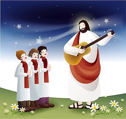 EPS 여자 남자 기독교 종교 악기 일러스트 청소년 현악기 사람 여러명 야외 교회 믿음 기타 예수 찬송가 찬양 성가대 국내일러스트 감정 음악 다수 노래 종교건축 건물 신_종교 합창 파일형식 벡터