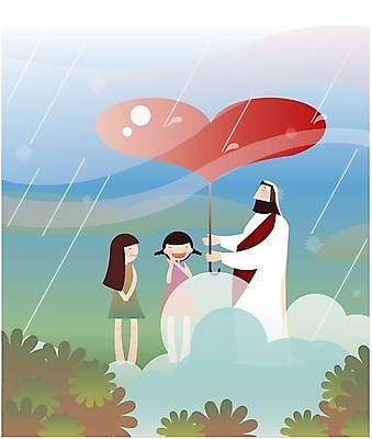 EPS 전신 여자 남자 기독교 종교 어린이 일러스트 우산 사랑 서기 사람 소녀 야외 세명 교회 하트 예수 비 국내일러스트 자연요소 모양 감정 종교건축 모션 날씨 건물 신_종교 파일형식 벡터