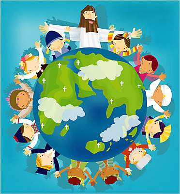 EPS 여자 남자 나라 기독교 종교 지구 어린이 다수 일러스트 사람 인종 소녀 소년 여러명 상반신 세계 교회 예수 다민족 국내일러스트 종교건축 건물 신_종교 파일형식 벡터