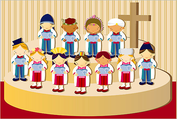 EPS 전신 여자 남자 기독교 종교 어린이 십자가 일러스트 실내 서기 사람 소녀 소년 여러명 세계 교회 찬송가 찬양 합창 다민족 성가대 어린이만 국내일러스트 다수 노래 종교건축 모션 내부 건물 파일형식 벡터