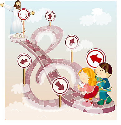 EPS 전신 여자 남자 화살표 기독교 종교 길 어린이 십자가 일러스트 하늘 서기 사람 소녀 소년 두명 교회 예수 안내표지 국내일러스트 표지 종교건축 모션 건물 신_종교 파일형식 벡터