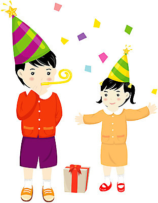 EPS 전신 클립아트 여자 남자 어린이 일러스트 선물 서기 사람 소녀 이벤트 소년 두명 파티 고깔모자 생일 꽃가루 어린이만 국내일러스트 모자_잡화 기념일 모션 가루 파일형식 벡터