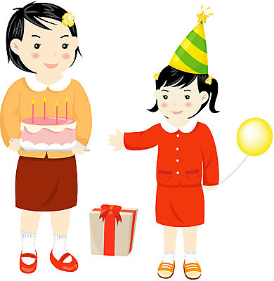 EPS 전신 클립아트 여자 어린이 일러스트 선물 서기 사람 소녀 이벤트 두명 파티 케이크 생일 풍선 여자만 어린이만 소녀만 국내일러스트 기념일 모션 디저트 파일형식 벡터