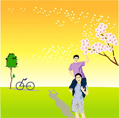 EPS 나무 사계절 계절 공원 공공시설 남자 일러스트 휴식 사람 초원 야외 두명 소풍 자전거 봄 산책 벚꽃 목말 남자만 국내일러스트 식물 꽃 컨셉 모션 야외활동 바이크 시설 파일형식 벡터