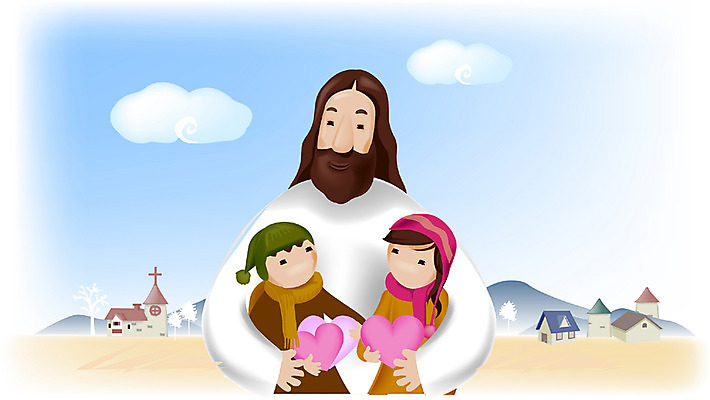 EPS 주간 여자 남자 기독교 종교 일러스트 산 사랑 사람 소년 상반신 야외 세명 교회 마을 하트 예수 국내일러스트 자연요소 모양 감정 어린이 종교건축 건물 신_종교 파일형식 벡터