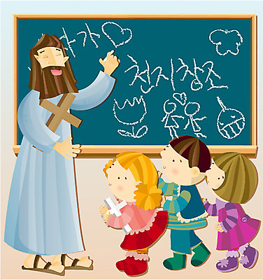 EPS 전신 여자 남자 기독교 종교 어린이 일러스트 실내 서기 사람 소녀 소년 여러명 교회 칠판 예수 설교 국내일러스트 다수 종교건축 모션 내부 건물 신_종교 파일형식 벡터