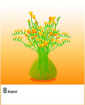 EPS 클립아트 식물 문자 알파벳 영어 꽃 일러스트 사람없음 숫자 노란색 꽃병 달력 꽃꽂이 8월 프리지어 국내일러스트 컬러 날짜 원예 파일형식 벡터