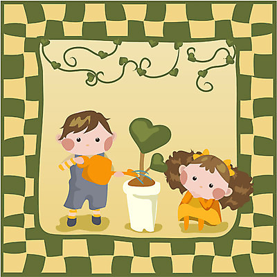 EPS 클립아트 여자 남자 화분 화초 어린이 줄기 일러스트 사람 소녀 소년 두명 봄 물뿌리개 하트 덩굴 물주기 원예 어린이만 국내일러스트 모양 식물 계절 모션 취미 파일형식 벡터