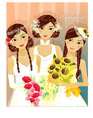 EPS 드레스 여자 신부 꽃다발 웨딩드레스 결혼 일러스트 사람 세명 친구 들러리 여자만 국내일러스트 옷 꽃 관계 이벤트 하객 파일형식 벡터