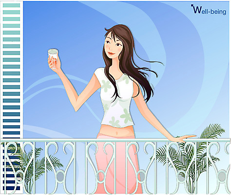 EPS 주간 우먼라이프 웰빙 여자 일러스트 난간 휴식 한명 사람 20대 성인 취미 야외 라이프 주스 발코니 여자만 여자한명만 성인여자만 청년만 청년여자만 성인한명만 청년여자한명만 성인여자한명만 성인만 국내일러스트 자연요소 1 라이프스타일 음료 컨셉 청년 생활 파일형식 벡터